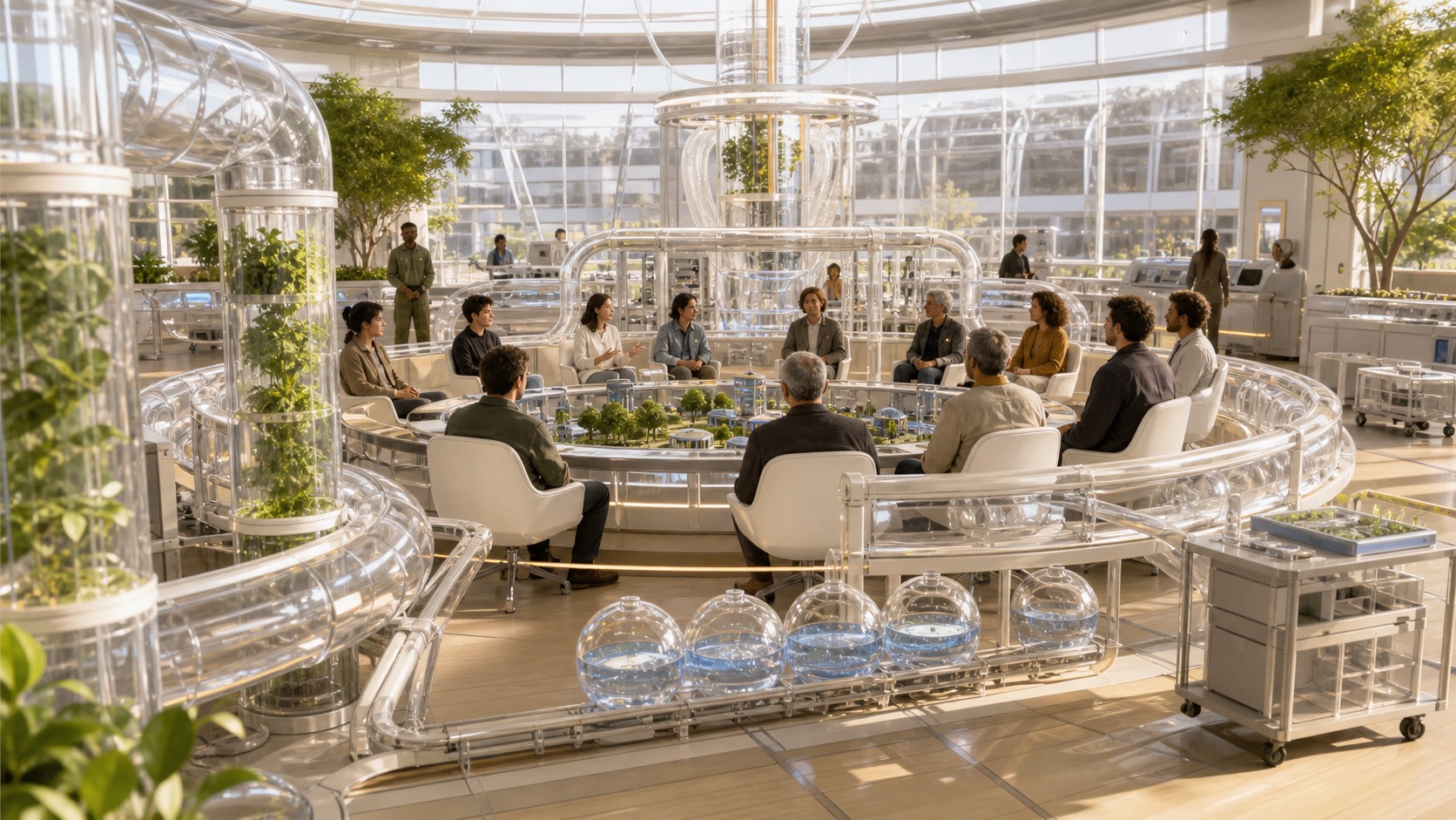 A bright rotating-habitat operations room with air-loop models, resident panels, ducts, and maintenance carts.