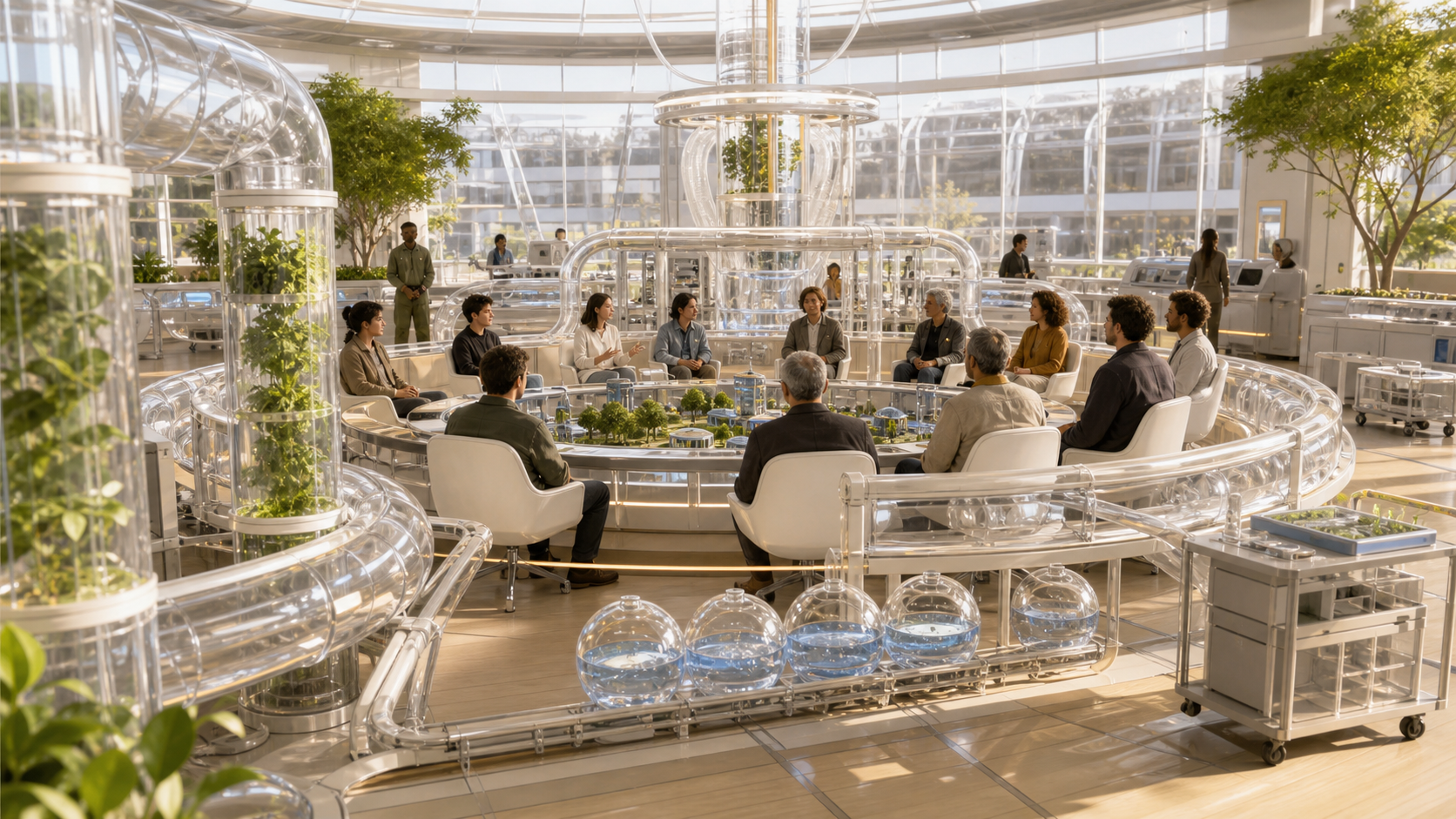 A bright rotating-habitat operations room with air-loop models, resident panels, ducts, and maintenance carts.
