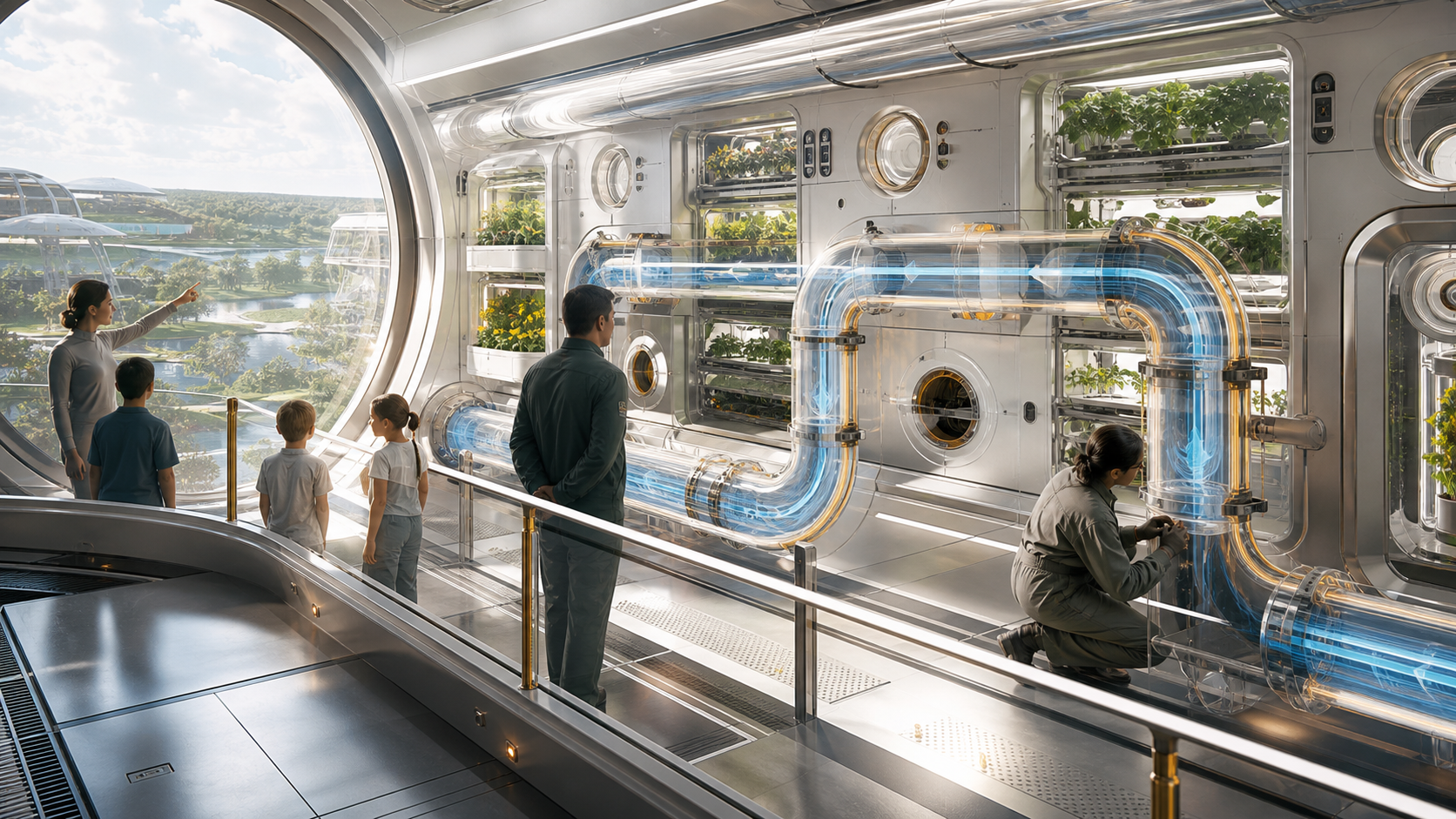 A sunlit habitat systems gallery with air-loop panels, plant modules, and maintenance access.