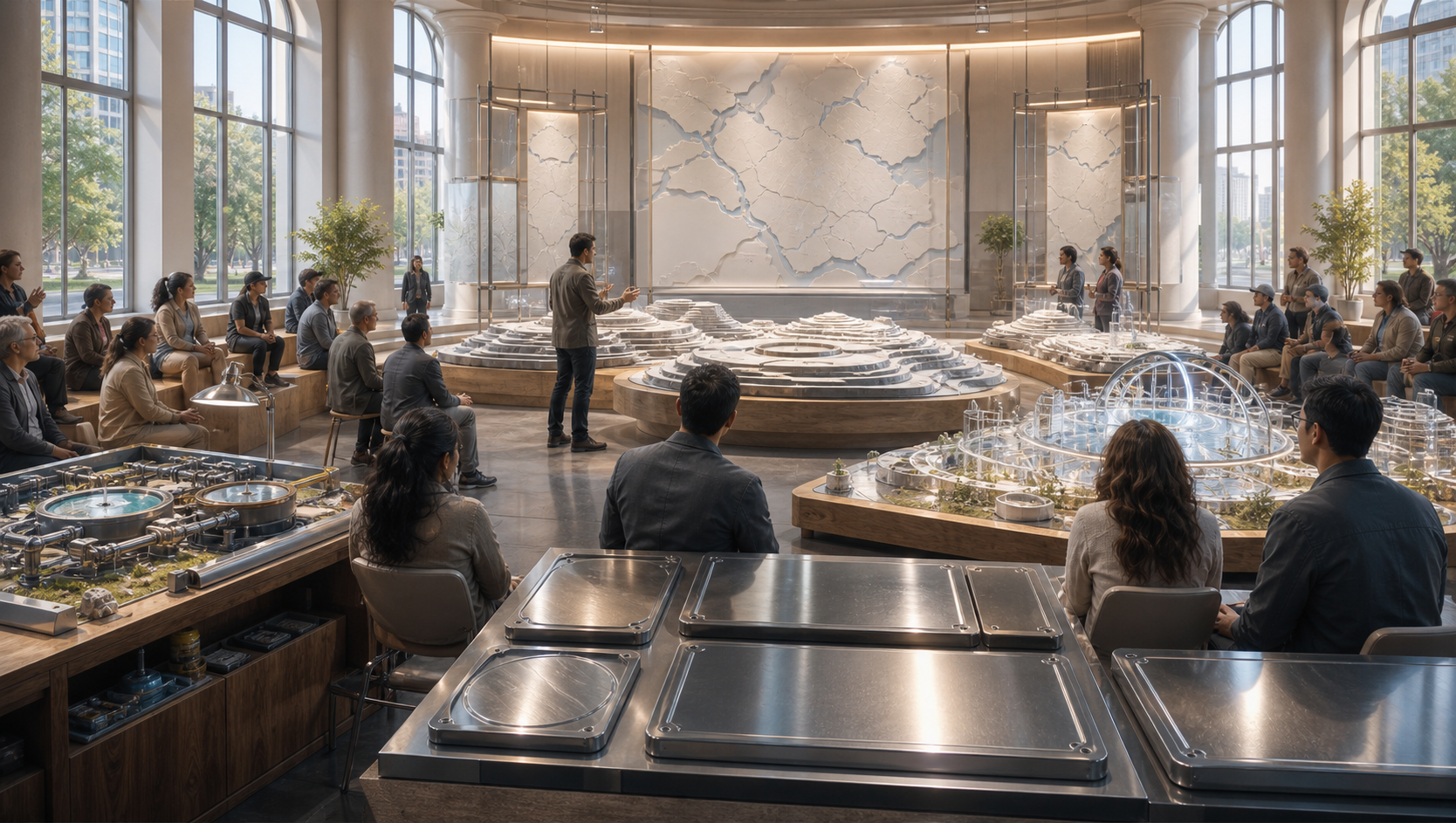 A rotating habitat civic room with air-water loop models, renewal tables, resident panels, and maintenance carts.