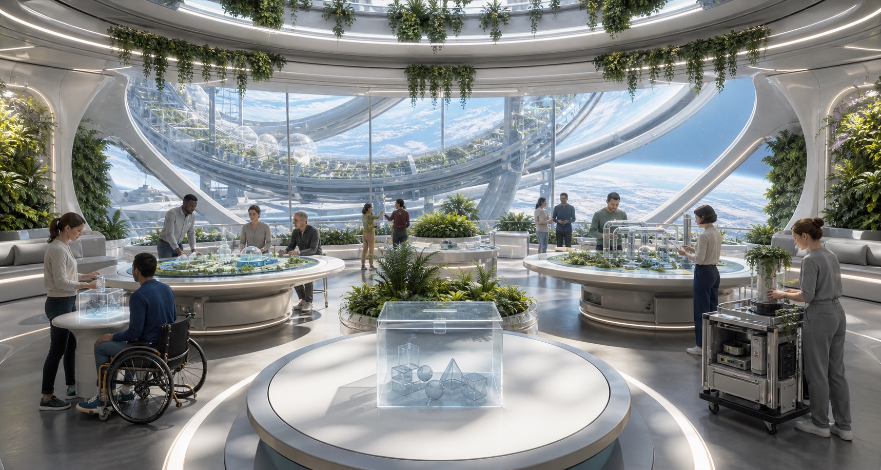 A bright rotating habitat commons with resident assembly tables, loop models, repair carts, and transparent vote objects.