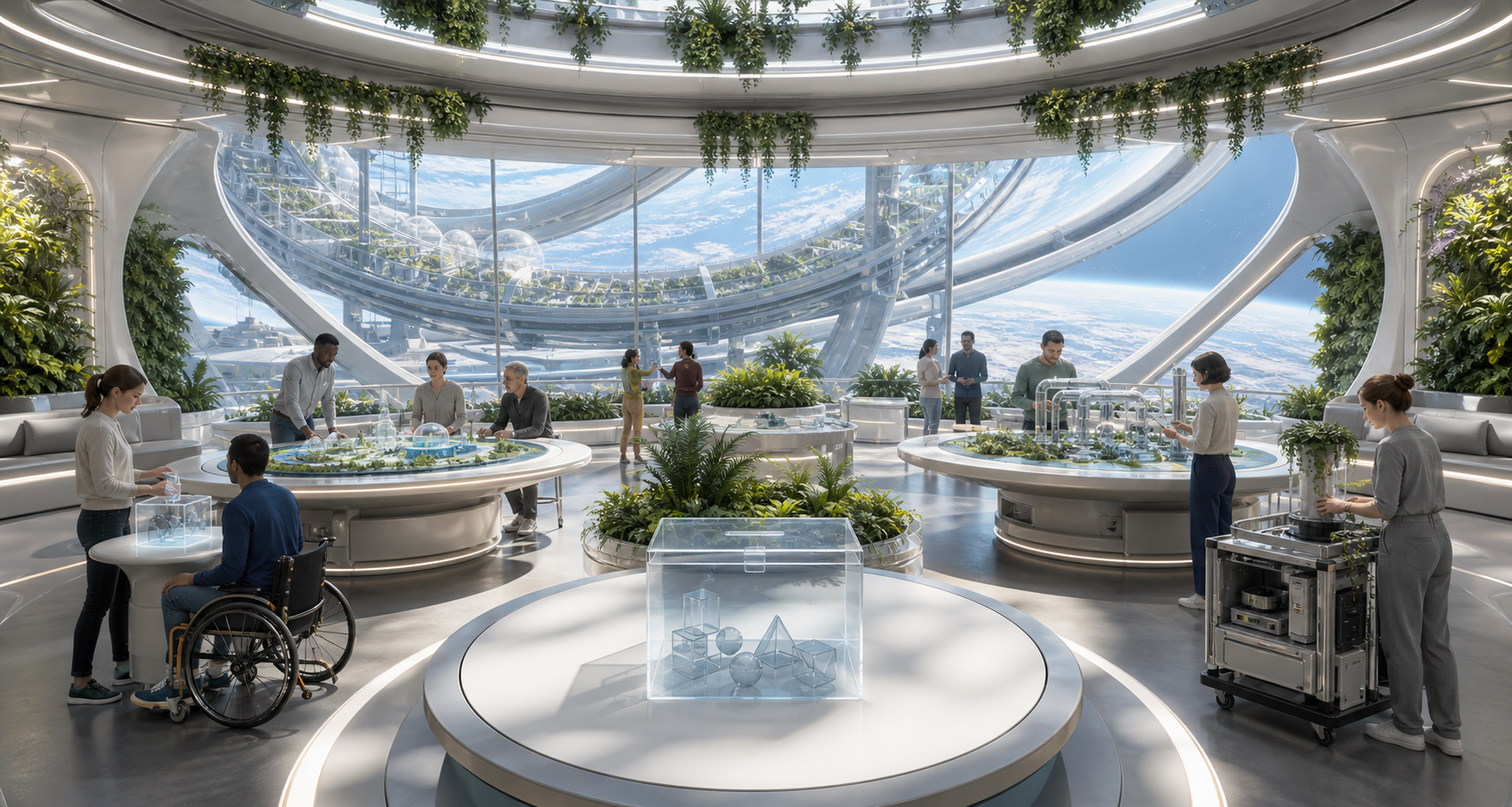 A bright rotating habitat commons with resident assembly tables, loop models, repair carts, and transparent vote objects.