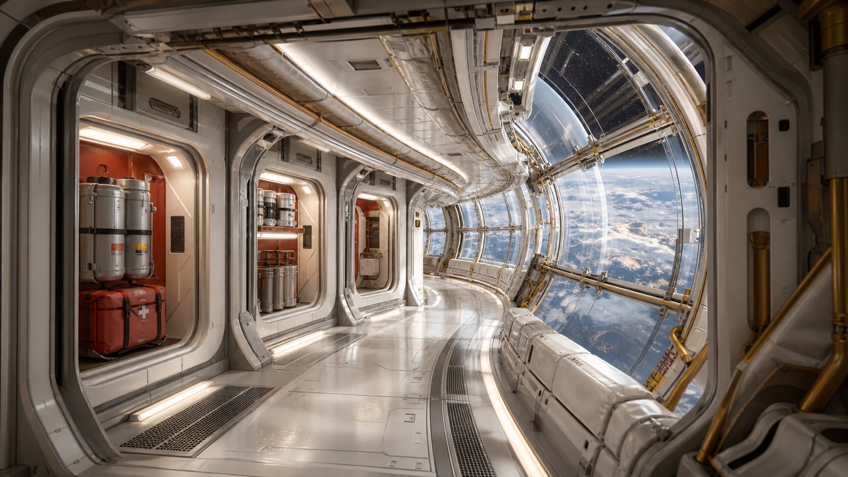 A bright rotating habitat shelter corridor with layered shielding and empty emergency alcoves.