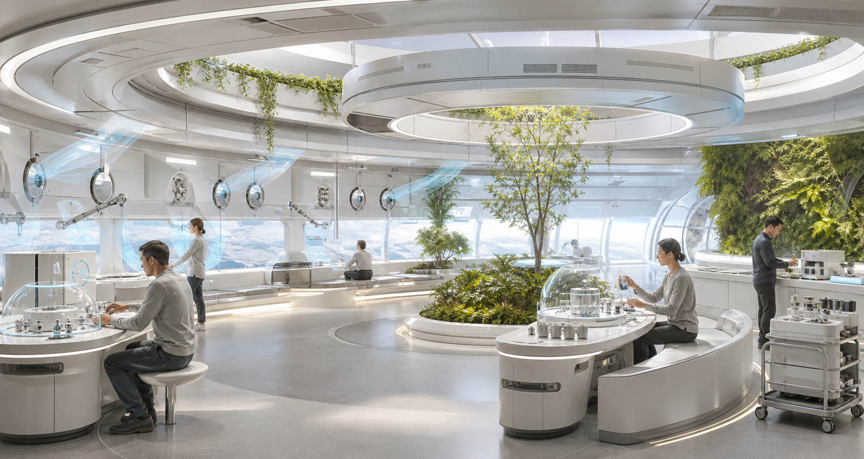 A rotating habitat commons with air sample ports, resident review benches, transparent loop models, and maintenance carts.