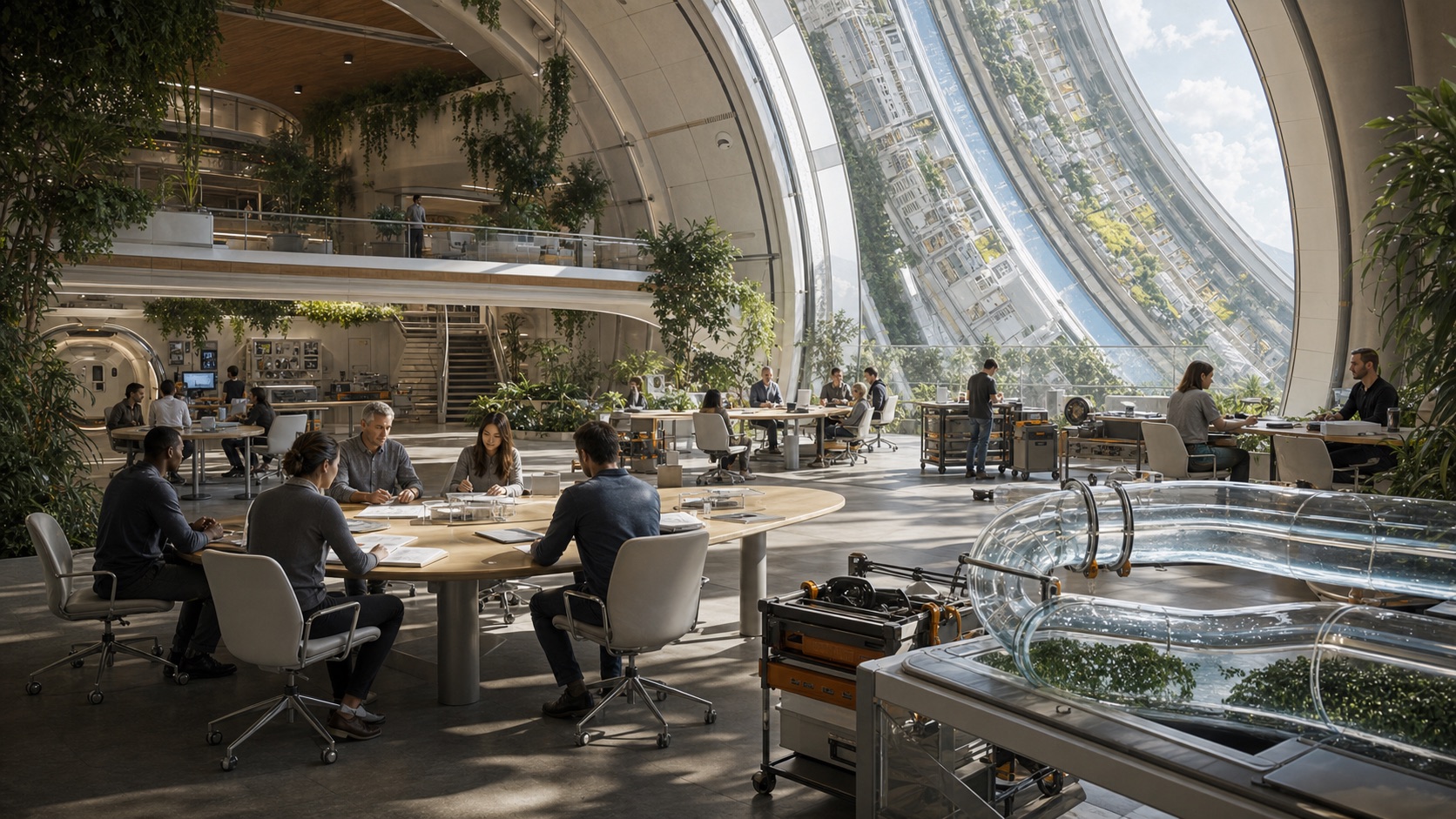 A rotating habitat commons with resident jury tables, air-water loop models, repair carts, and maintenance objects.