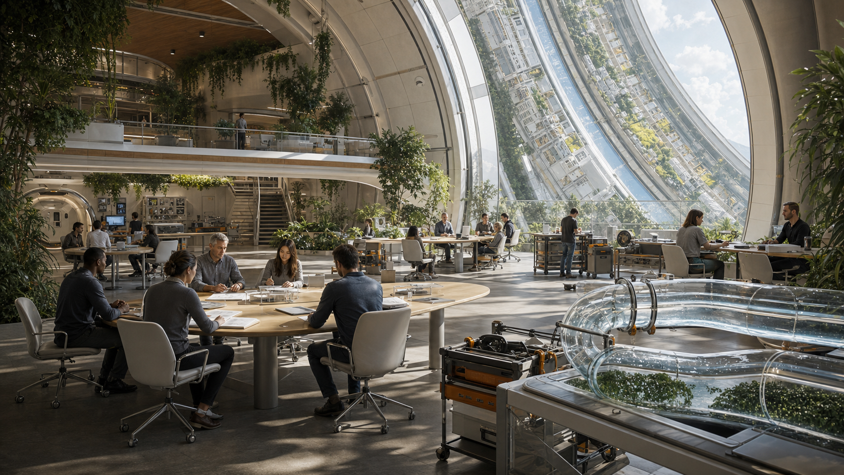 A rotating habitat commons with resident jury tables, air-water loop models, repair carts, and maintenance objects.