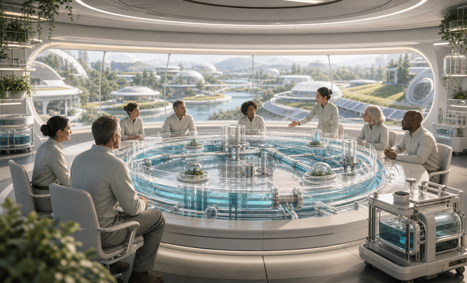 A rotating habitat utility room with transparent water-loop model, resident seating, maintenance carts, and sample ports.