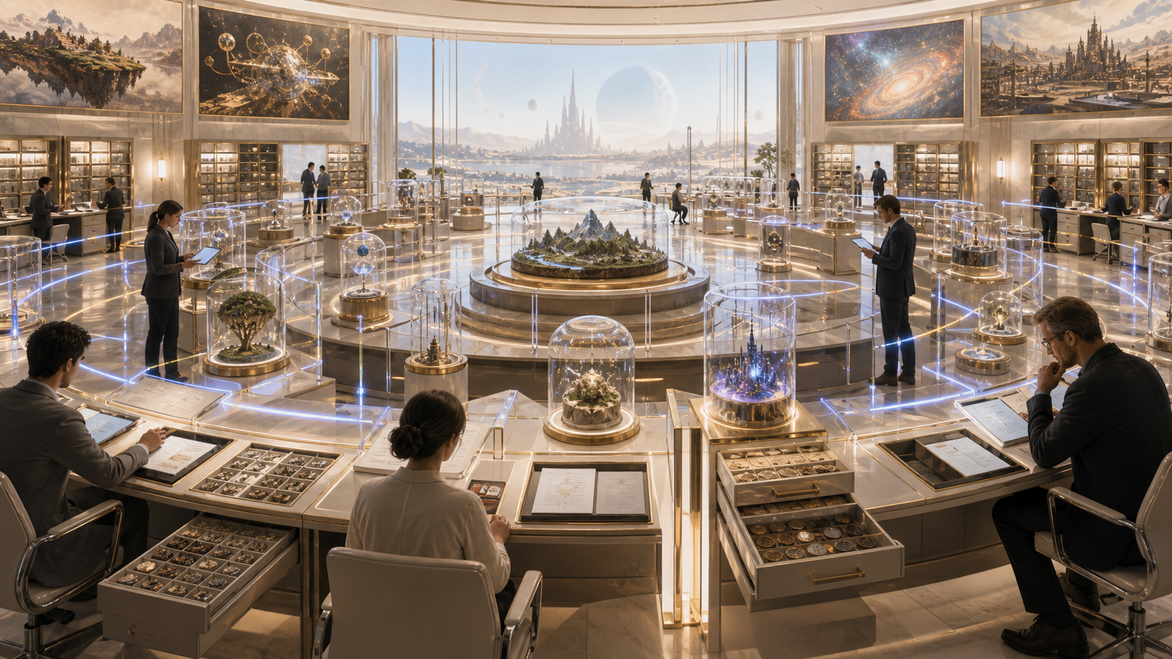 An exchange review gallery with miniature world artifacts under glass and ownership boundary rails.