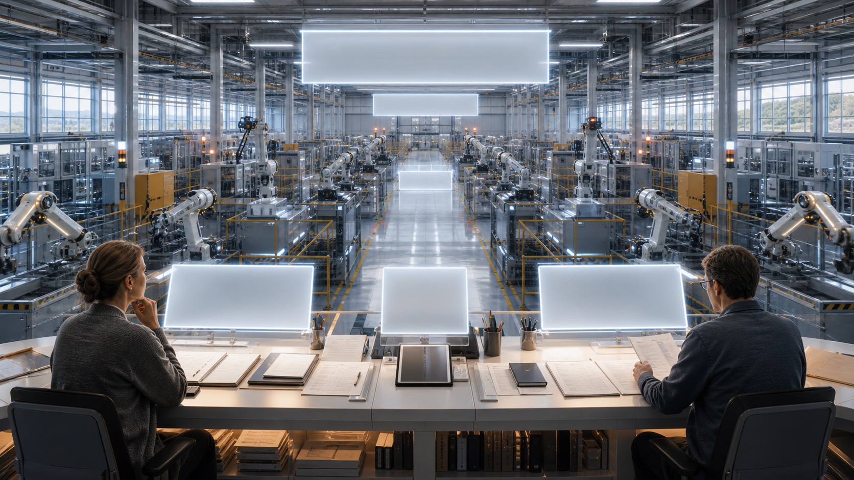 An autonomous factory command floor with robots paused at safe intervals and a human appeal desk.