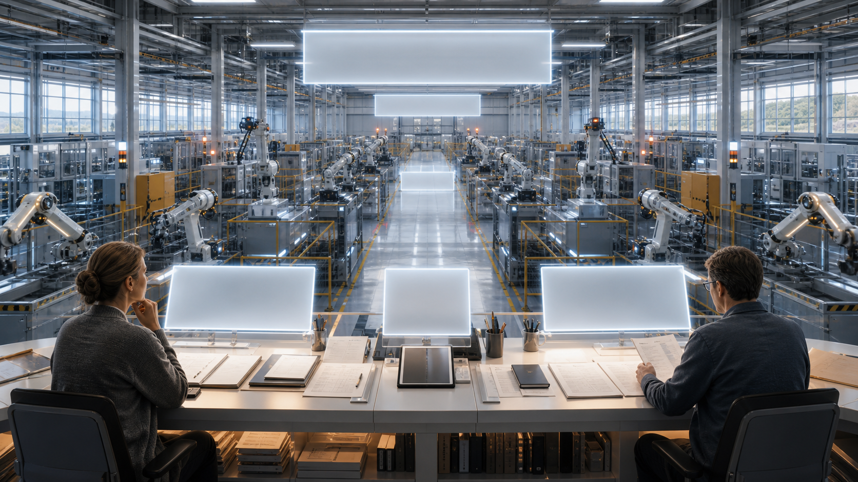 An autonomous factory command floor with robots paused at safe intervals and a human appeal desk.