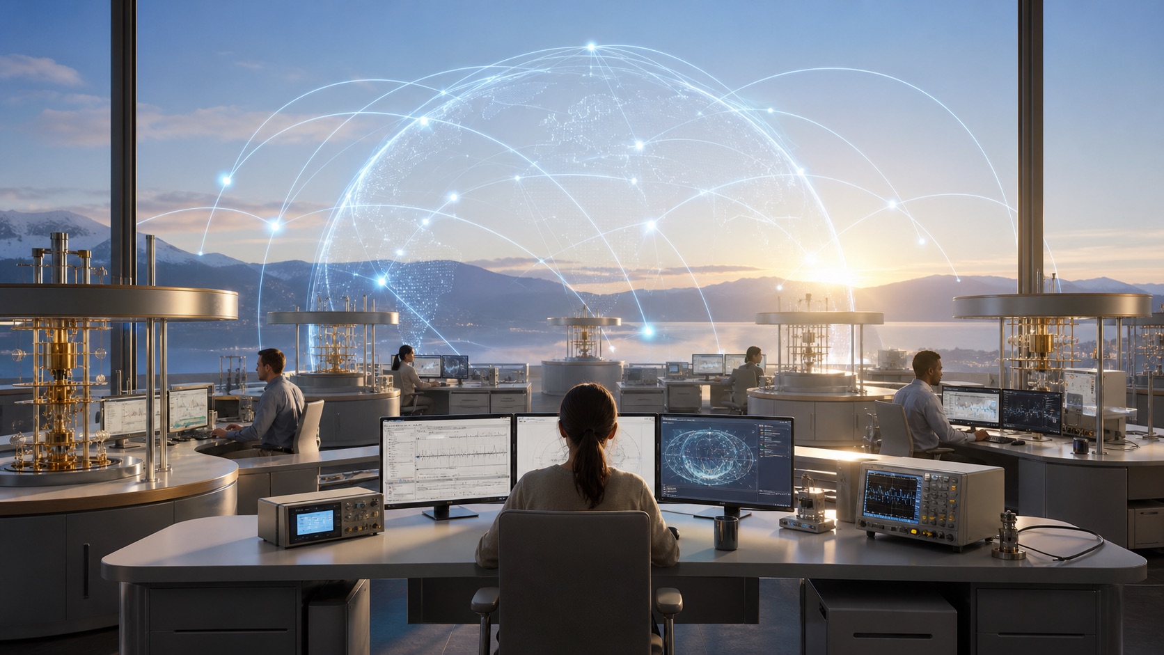 A bright operations room with globe-like timing arcs and separated local clock islands.