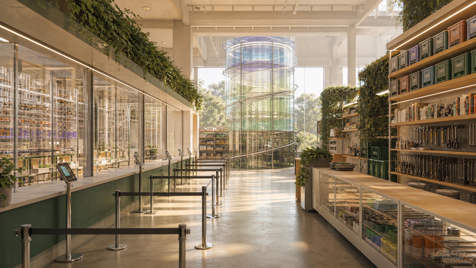 A bright civic counter with abundance queues, repair shelves, and transparent allocation lanes.