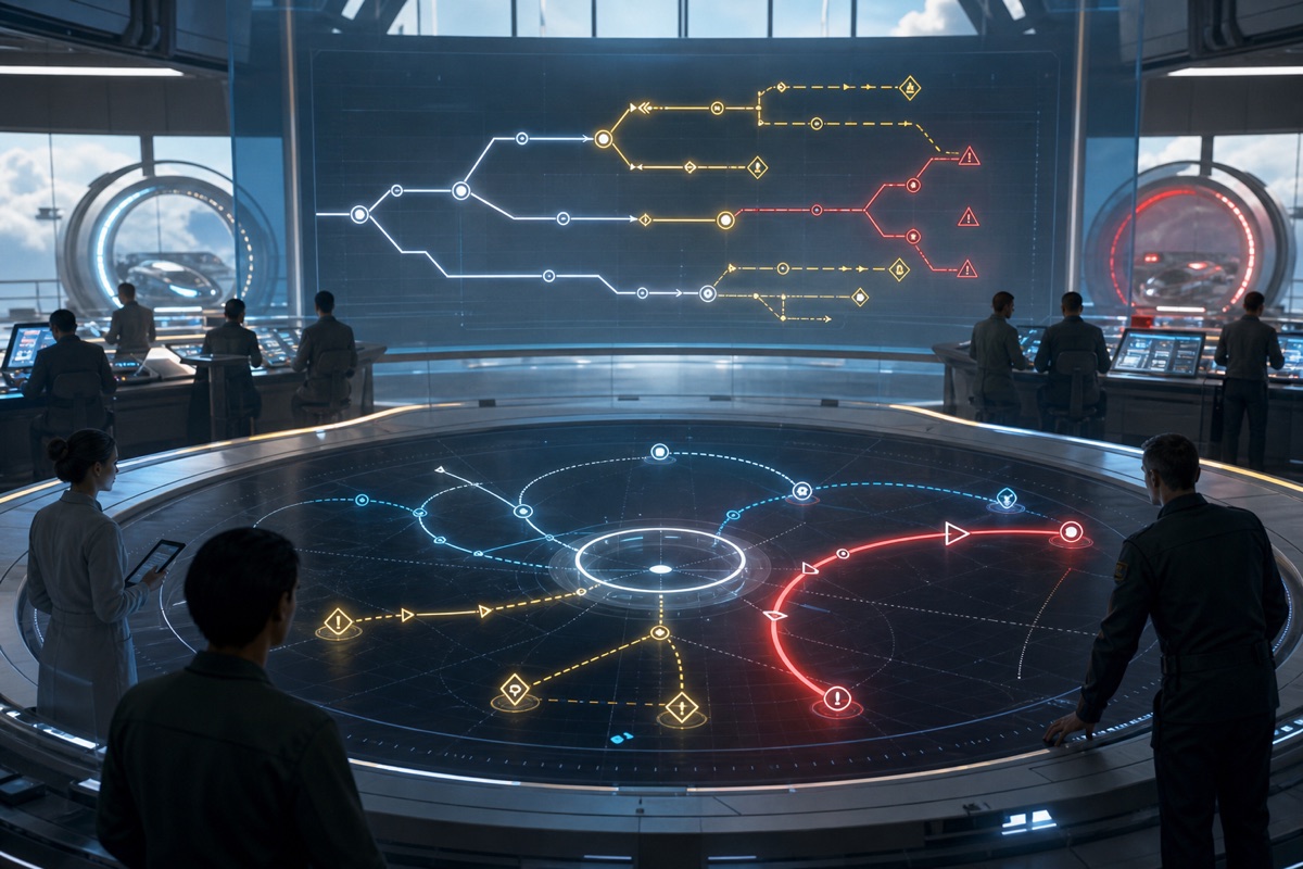 A bright WN Prime mission planning room with abort-route rails and simulation pause cradles.