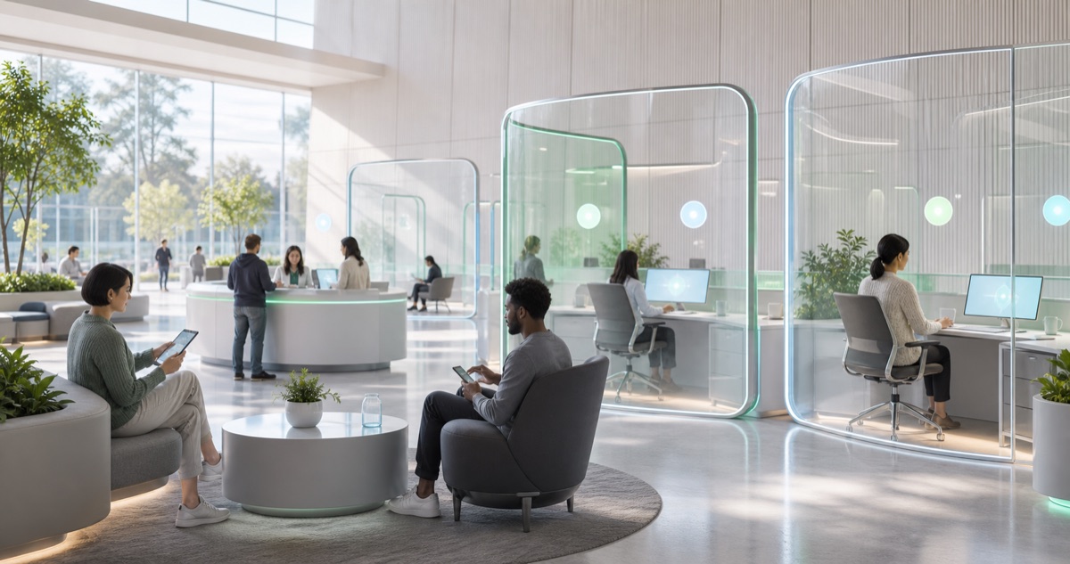 A bright civic assistant space with translucent privacy windows, consent lights, and human override desks.