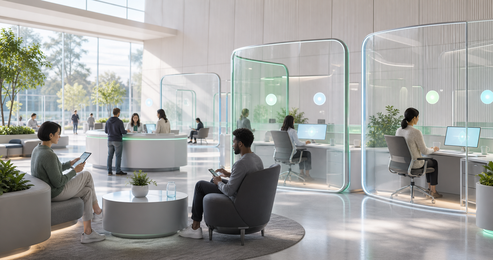 A bright civic assistant space with translucent privacy windows, consent lights, and human override desks.