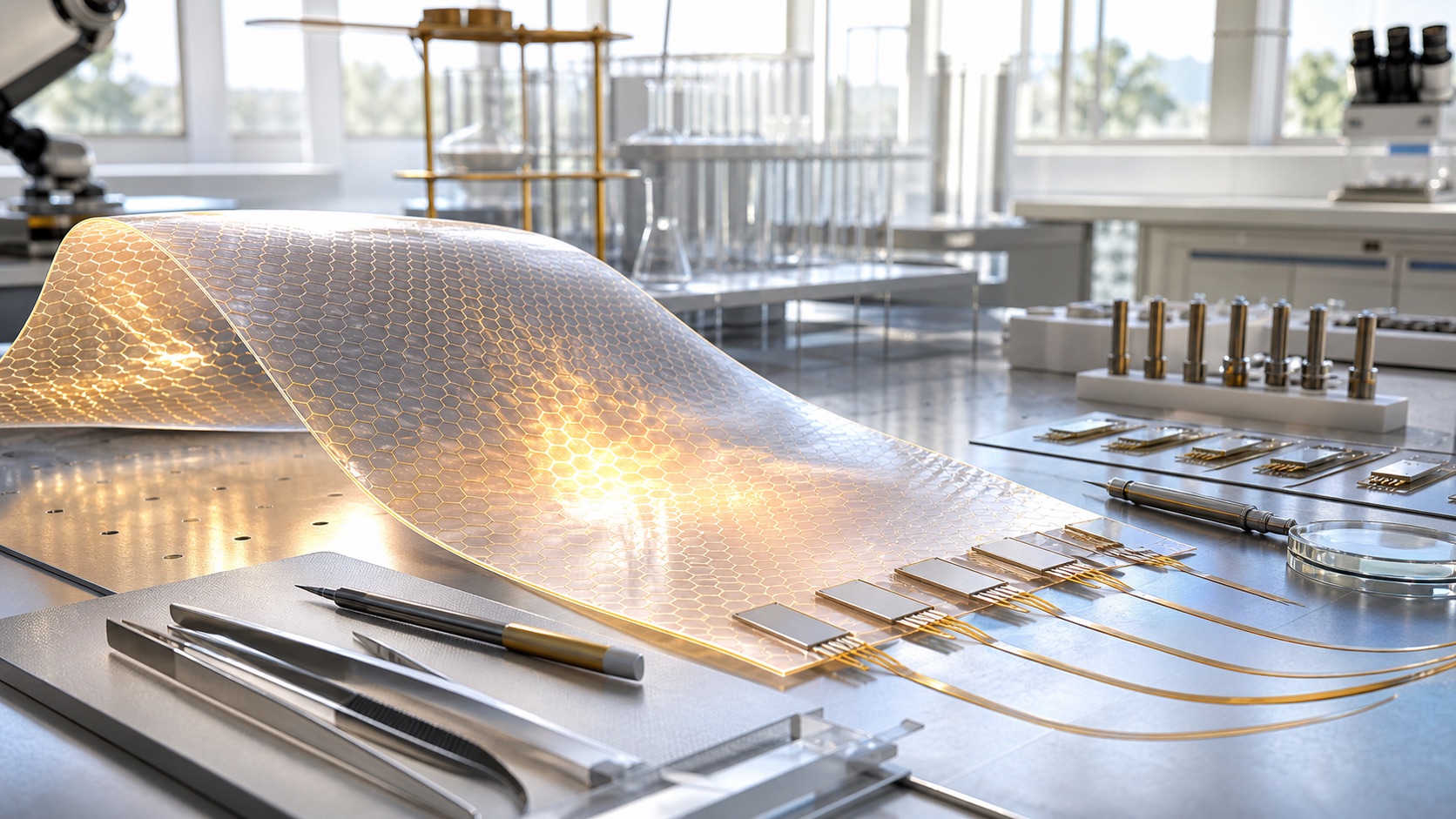 A luminous smart-material panel flexing beside blank strain gauges and repair tools.