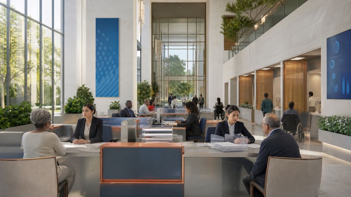 A bright civic service hall with appeal desks, case trays, and accessible return paths.