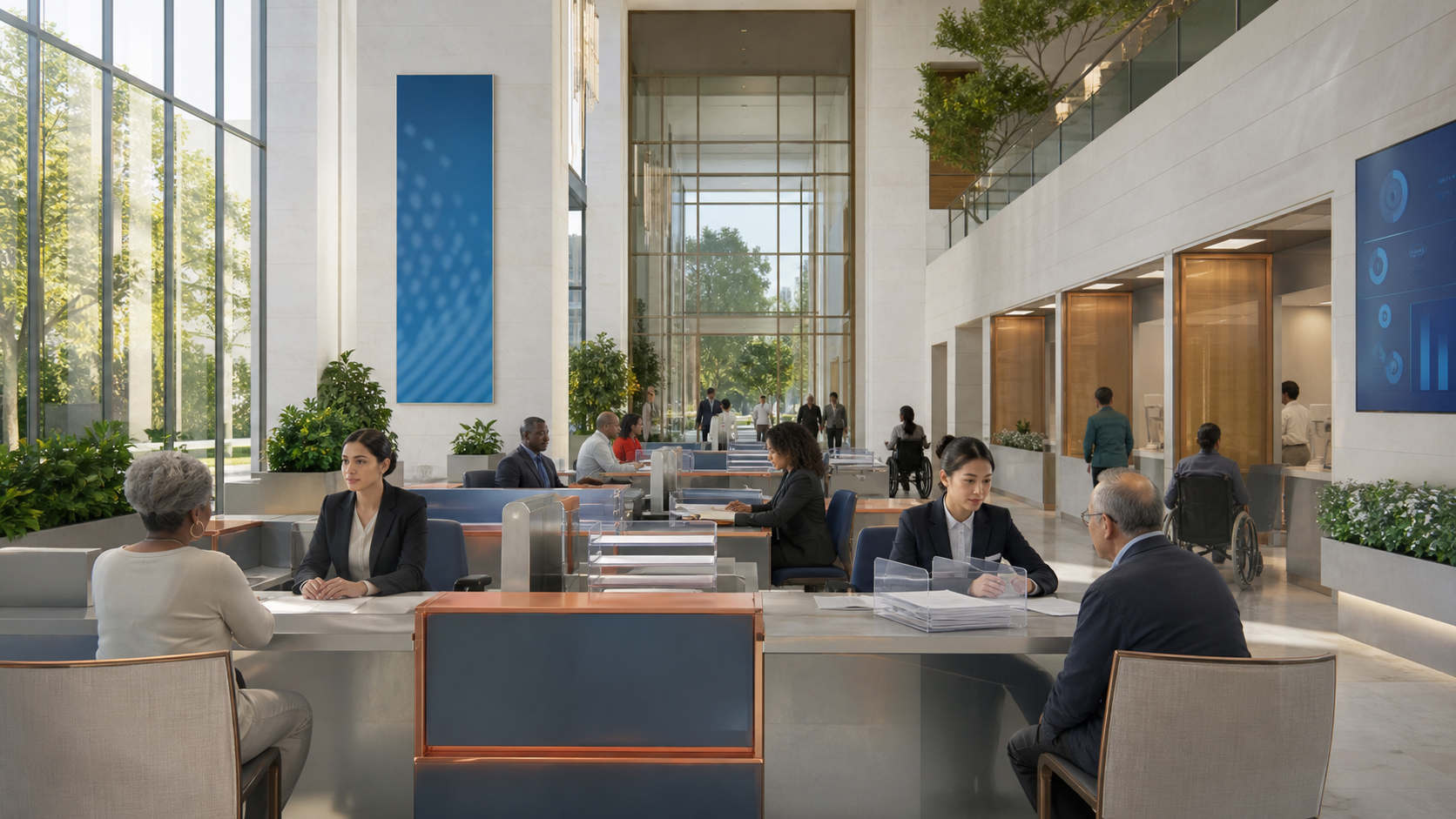 A bright civic service hall with appeal desks, case trays, and accessible return paths.