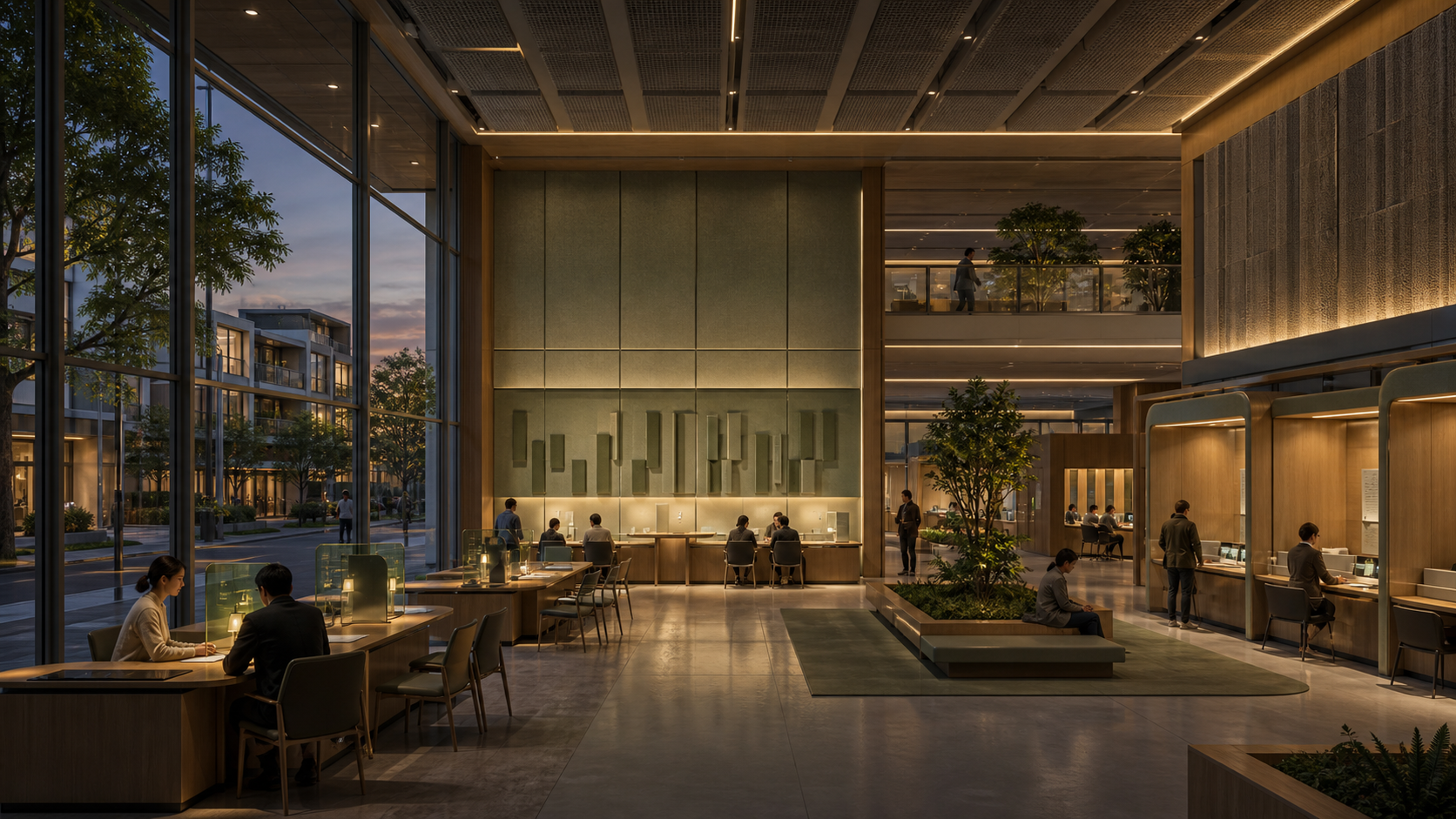 A future civic operations hall with quiet consultation booths, sound-dampening architecture, resident desks, and appeal counters.
