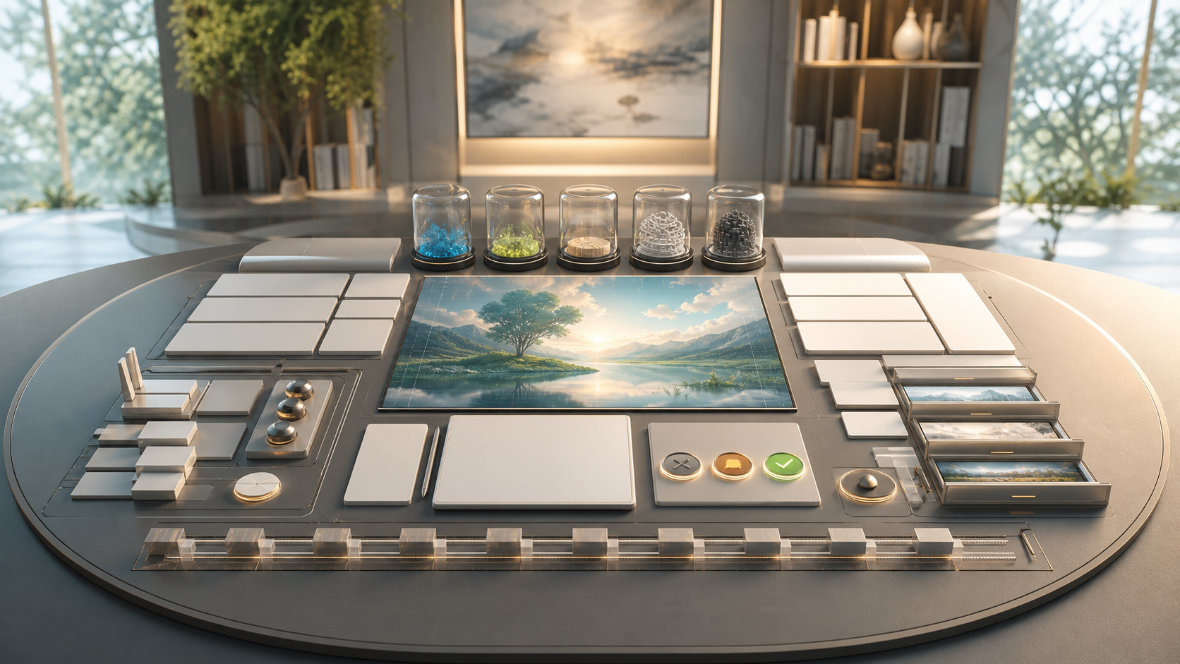 AI-generated AI studio governance room with blank prompt tiles, central generated canvas, source capsules, refusal controls, and revision drawers.