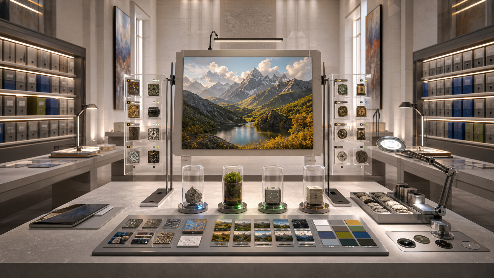 A bright assistant workspace with a generated image, source trail lights, evidence shelves, and review controls.