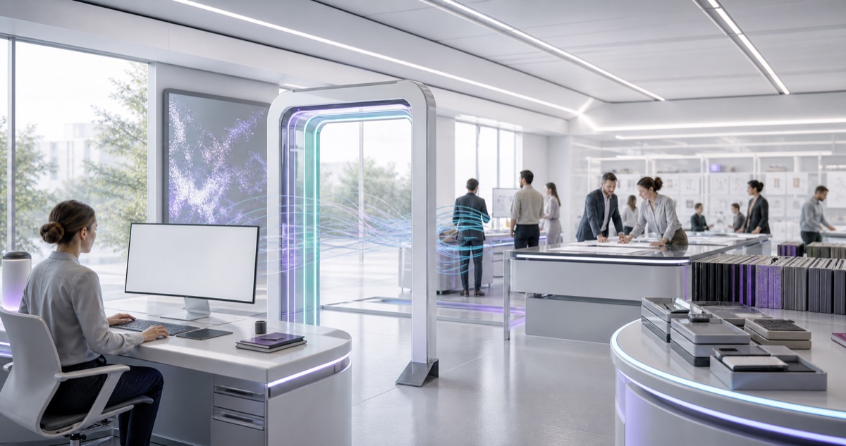 A bright handoff room connecting an AI prompt desk to lab brief tables, assumption ledgers, and review rails.