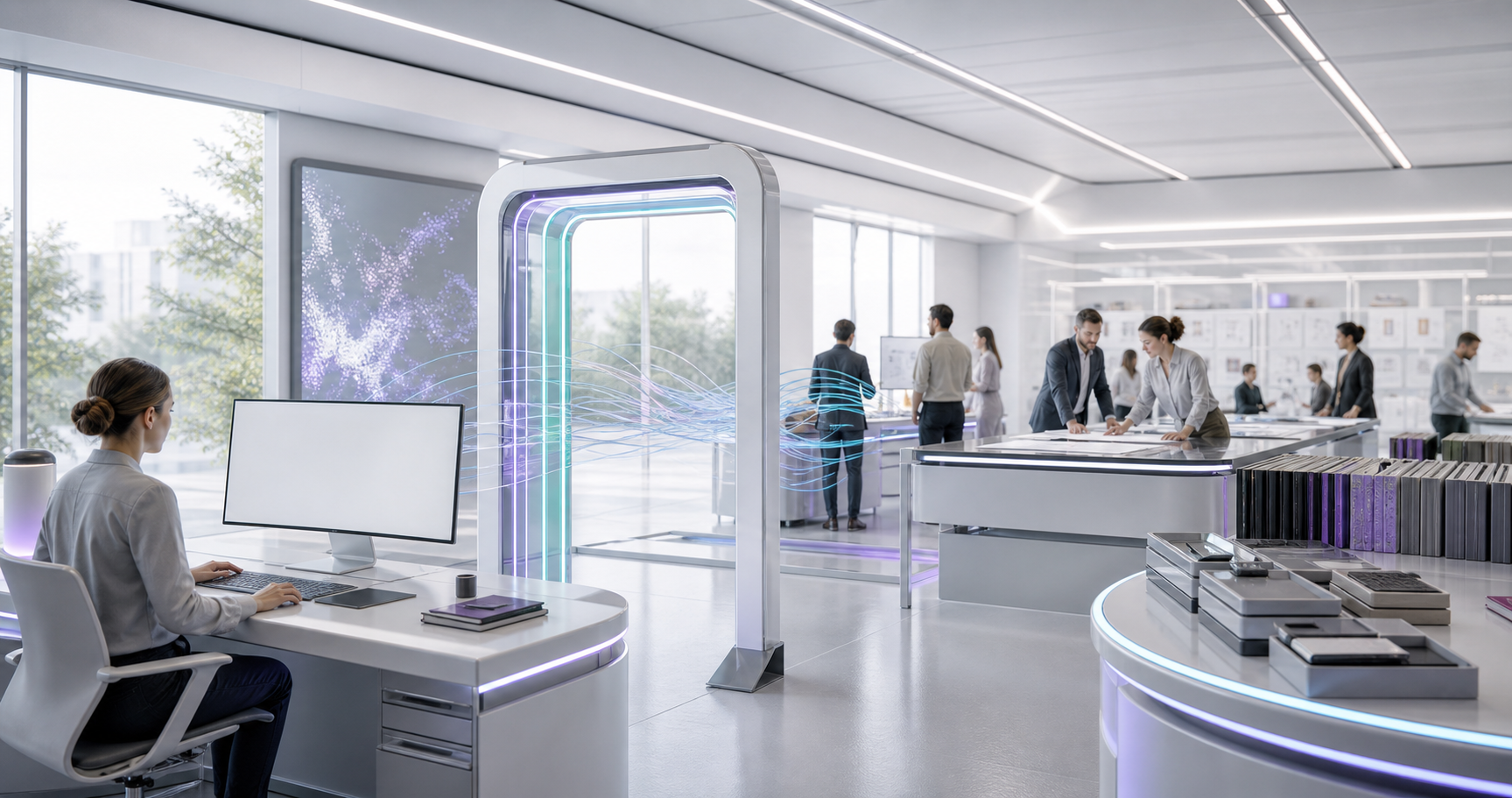 A bright handoff room connecting an AI prompt desk to lab brief tables, assumption ledgers, and review rails.