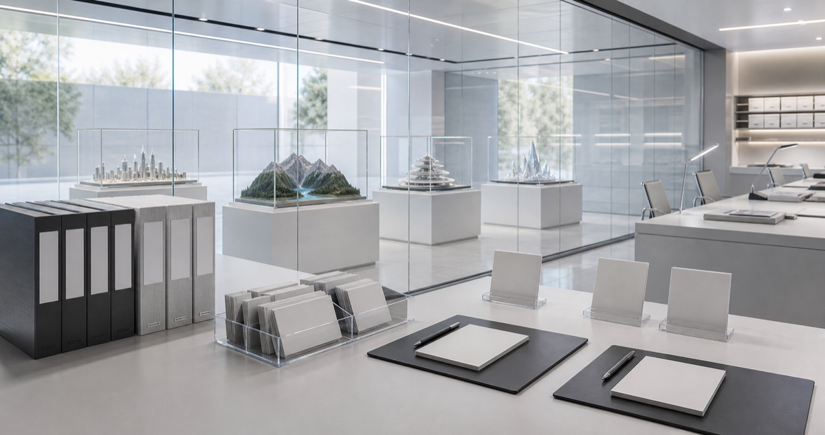 A clean proof room with demo models behind glass, evidence packets, boundary cards, and visitor review desks.