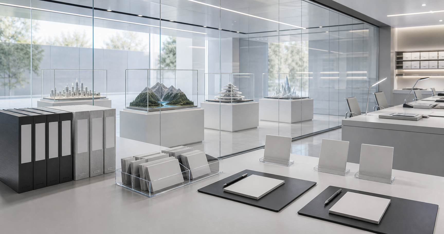 A clean proof room with demo models behind glass, evidence packets, boundary cards, and visitor review desks.