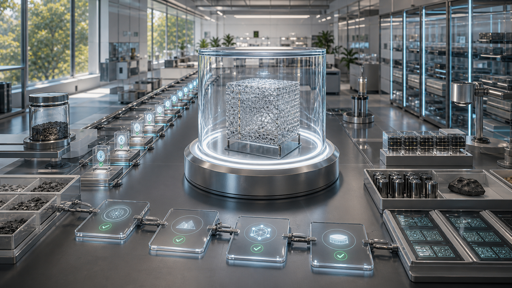 A speculative matter sample under glass beside chain-of-custody tags and audit rails.