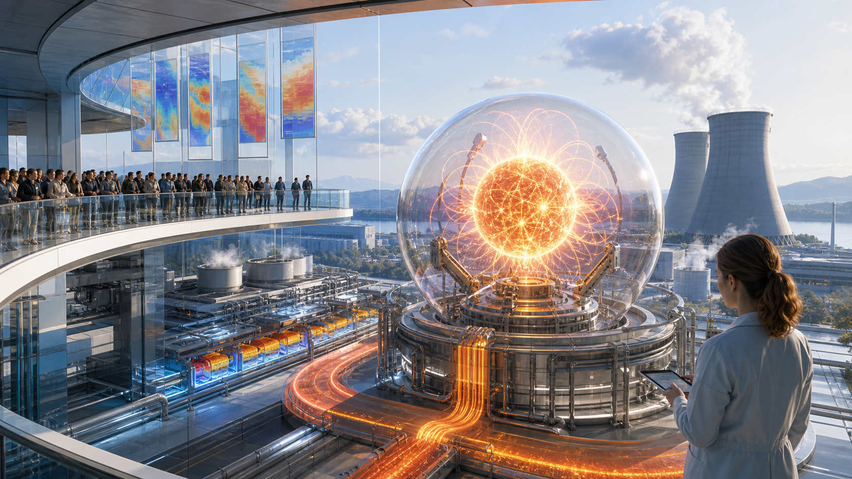 An energy observatory with a contained stellar plasma model, cooling towers, and public witness balcony.