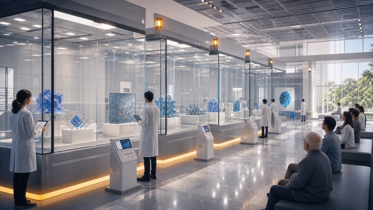 A clean material science gallery with blue samples under glass and inactive null-result bays.