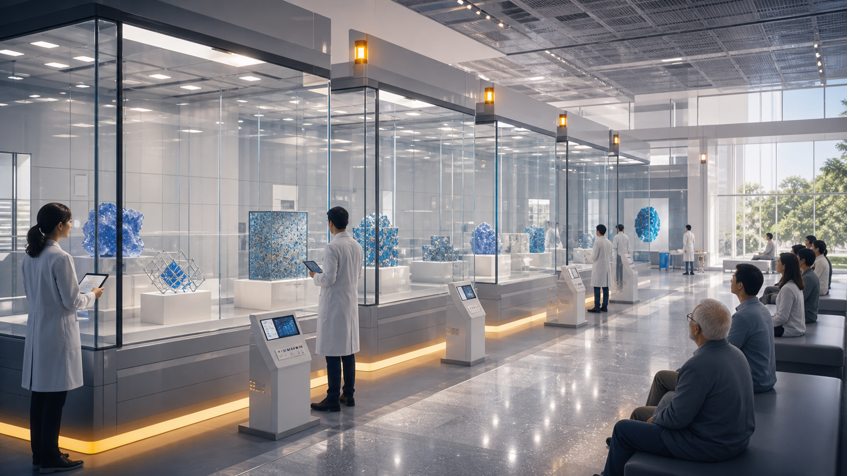 A clean material science gallery with blue samples under glass and inactive null-result bays.