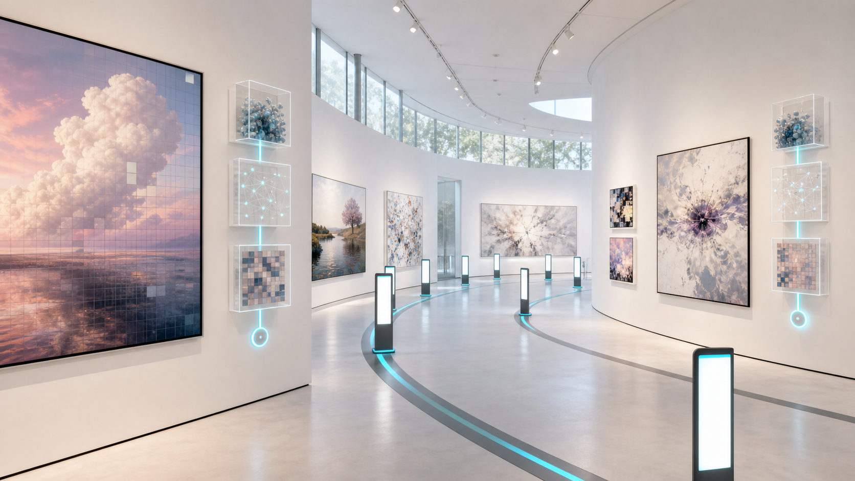 AI-generated public gallery route with generated artworks, provenance capsules, source-status waypoints, and self-guided review path.
