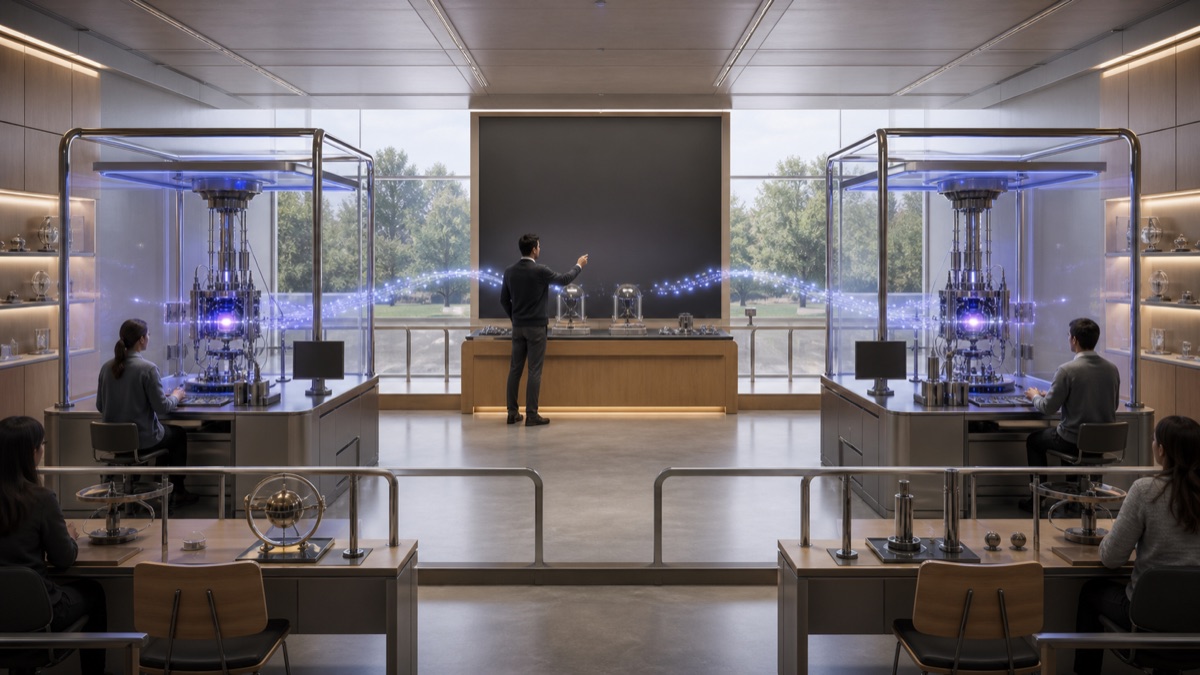 A bright quantum classroom with separated apparatus stations, abstract correlation lights, and boundary rails.