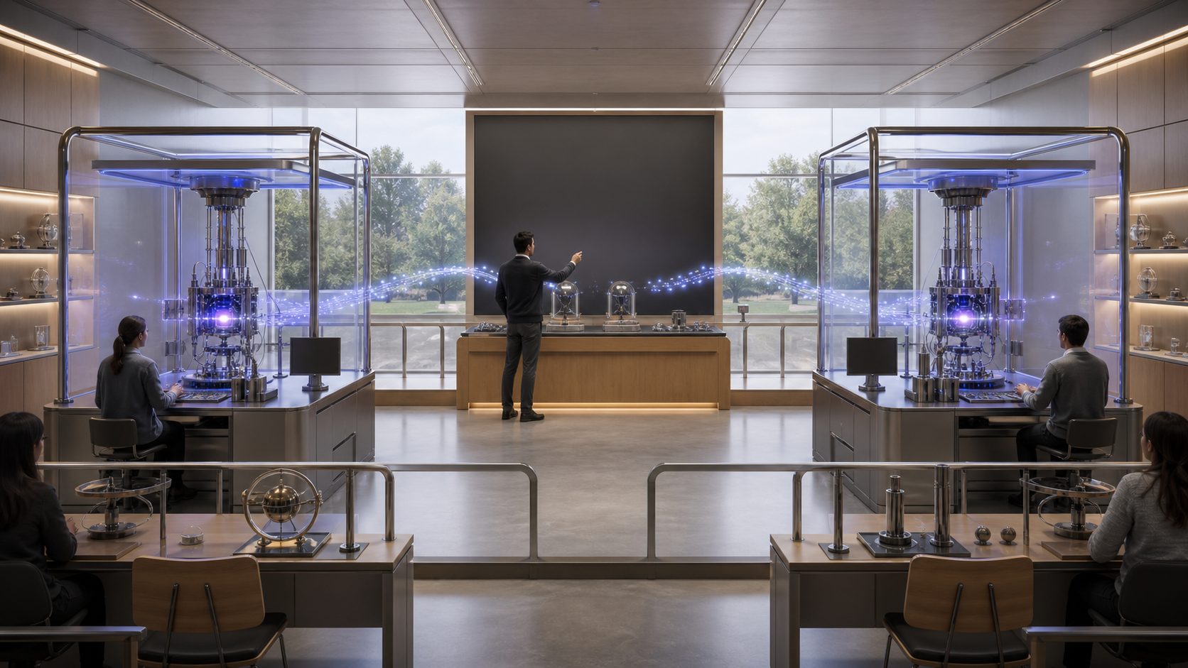 A bright quantum classroom with separated apparatus stations, abstract correlation lights, and boundary rails.