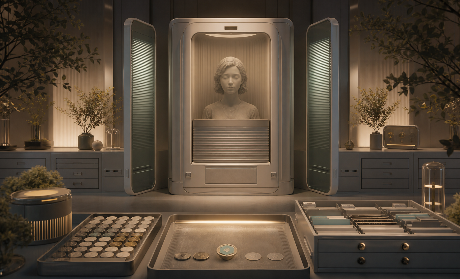 A quiet continuity archive with dormant avatar stations, privacy shutters, deletion drawers, and consent tokens.