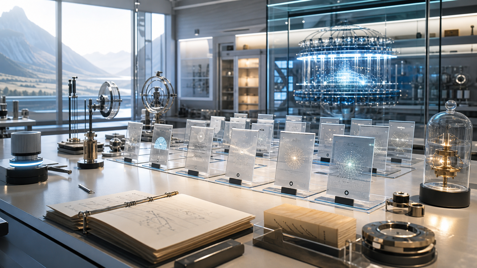Evidence cards and calibration instruments beneath a speculative White Noise roadmap model.