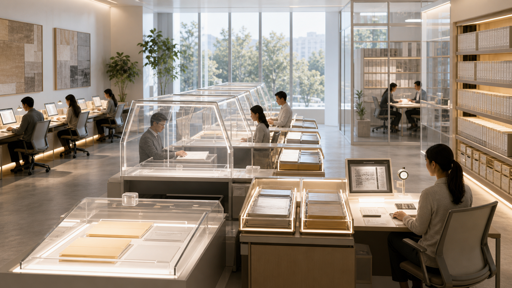 A clean source-record room with redaction stations, protected source capsules, public-safe trays, and audit windows.