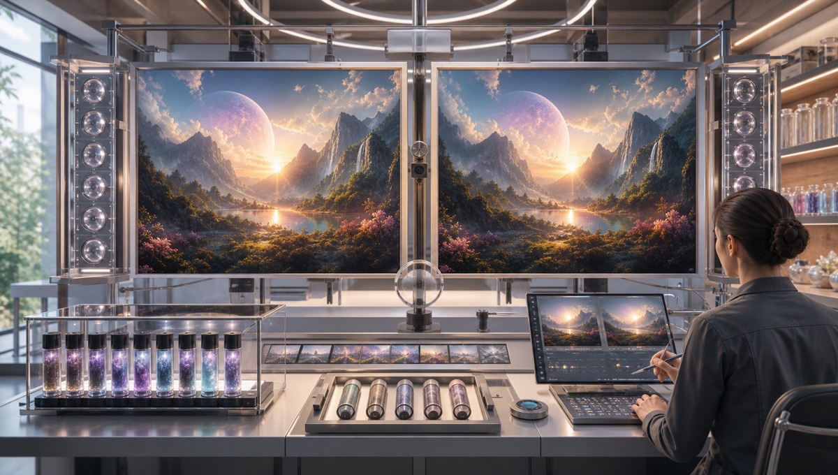 A bright QA studio with paired generated canvases, seed capsules, comparison rails, and reviewer instruments.