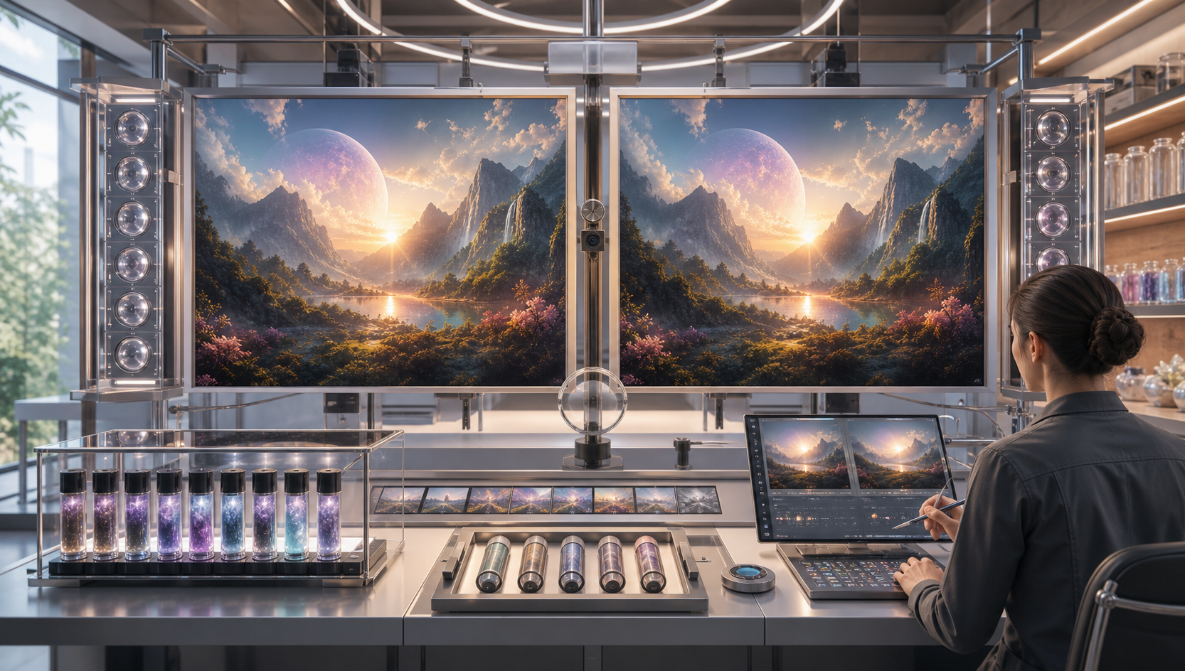 A bright QA studio with paired generated canvases, seed capsules, comparison rails, and reviewer instruments.