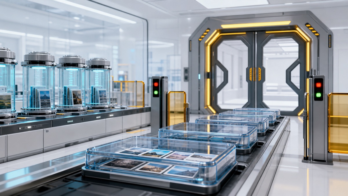 AI-generated dataset intake lab with quarantined reference-image trays, permission gates, source capsules, and a closed model-training doorway.