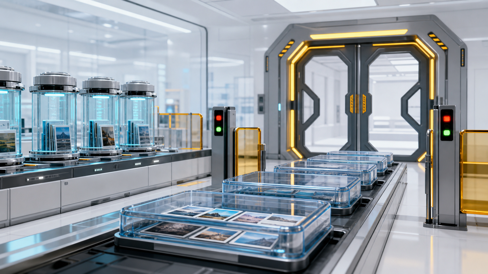 AI-generated dataset intake lab with quarantined reference-image trays, permission gates, source capsules, and a closed model-training doorway.