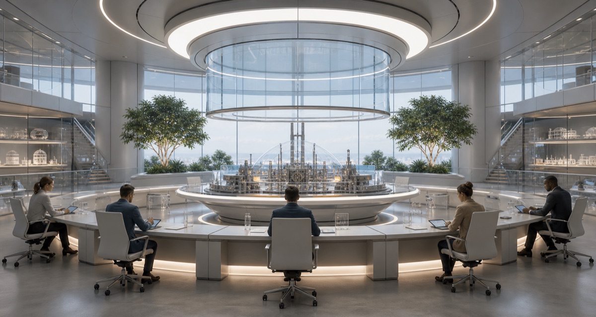 A bright syndicate R&D review room with paused models, refusal cards, civic reviewer desks, and governance rails.