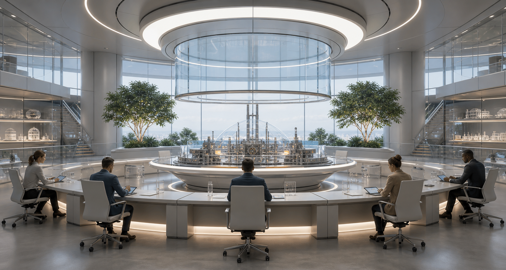 A bright syndicate R&D review room with paused models, refusal cards, civic reviewer desks, and governance rails.