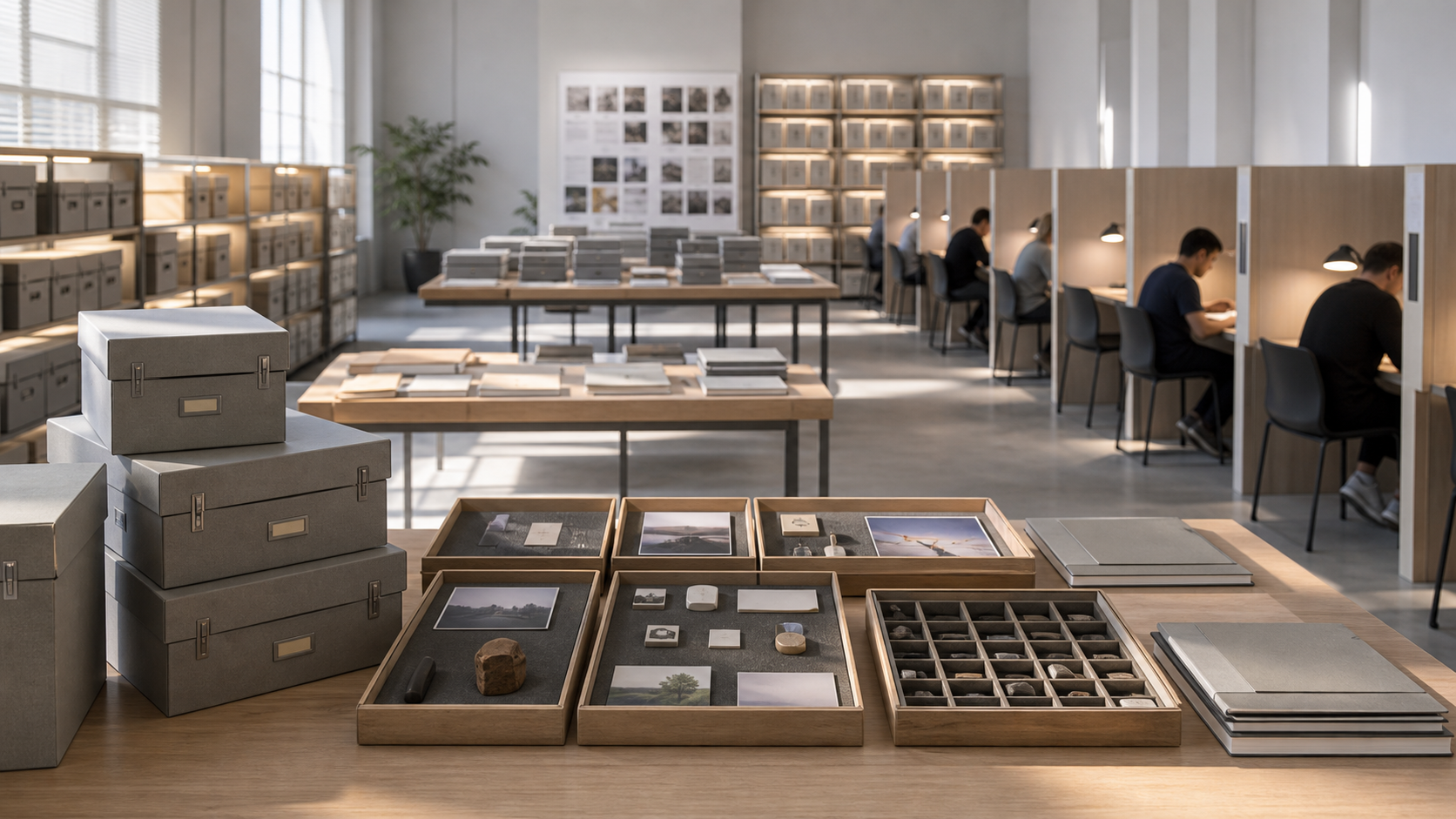 A neutral research archive with sealed target boxes, miss-result shelves, blind scoring booths, and null trays.