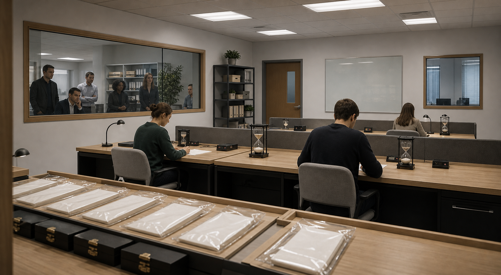 A neutral classroom lab with sealed target envelopes, preregistration benches, blind scoring stations, and observation windows.
