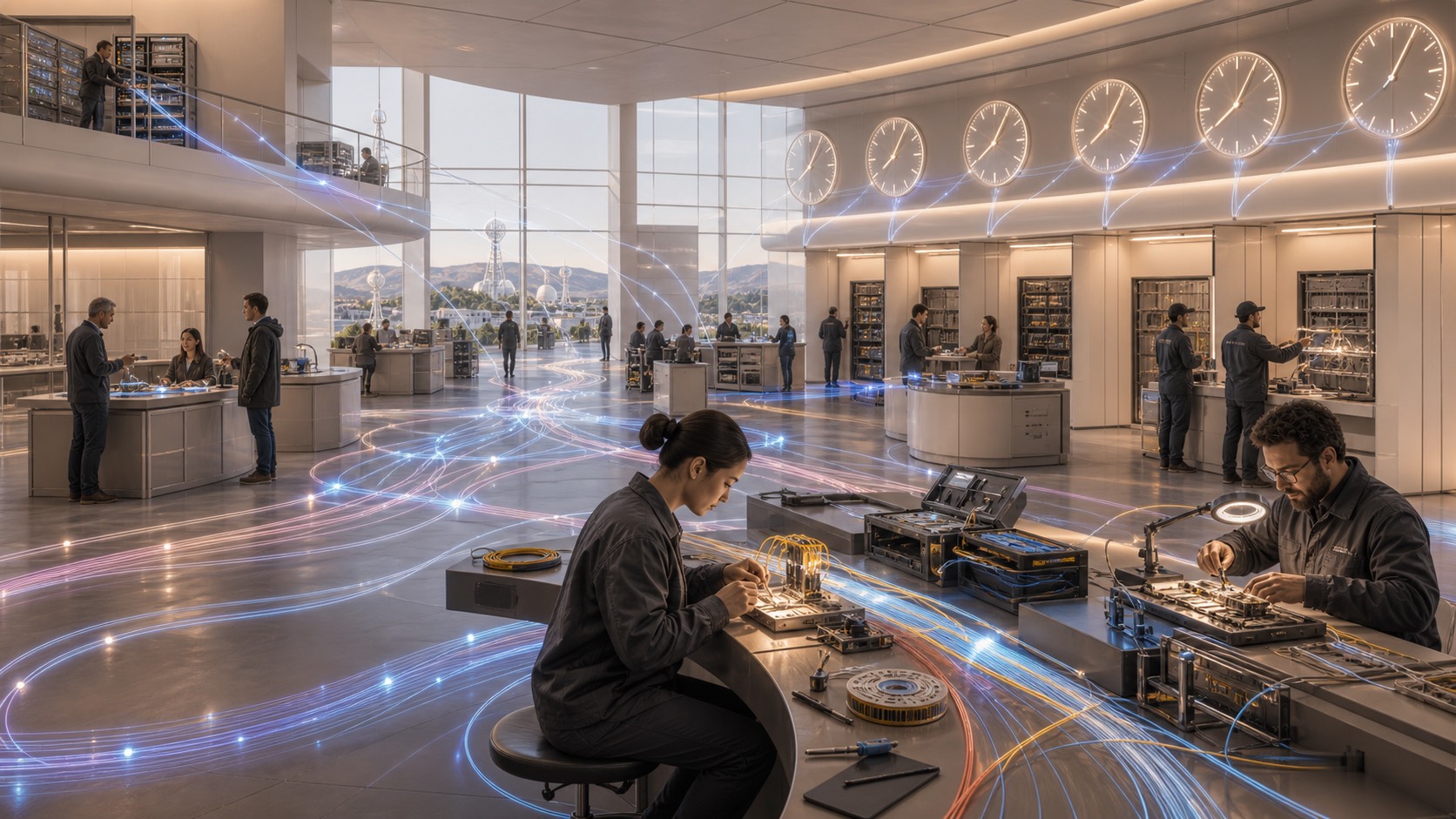 A network operations hall with fiber paths, local clocks, repair benches, and service counters.