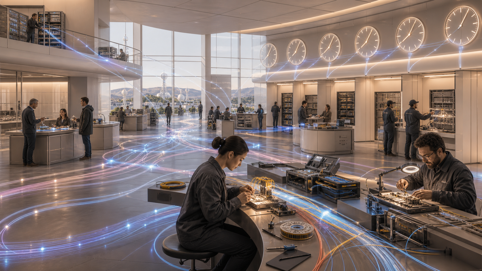 A network operations hall with fiber paths, local clocks, repair benches, and service counters.
