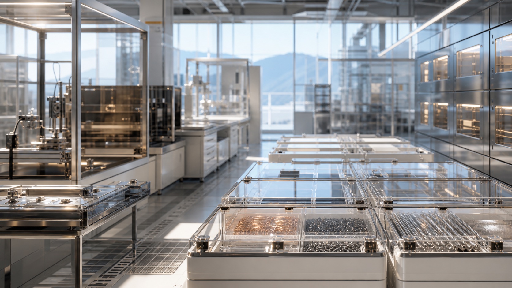 A bright fabrication bay with clean feedstock recall bins, sealed trays, and inspection windows.